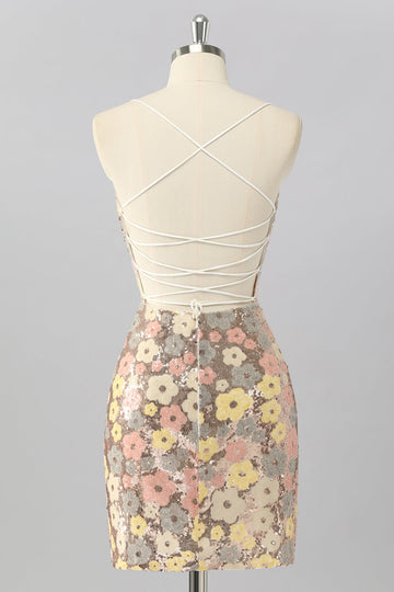 Yellow Floral Sequin Bodycon Mini Homecoming Dress